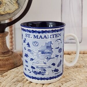My Cafe St Maarten Caribbean Map Blue White Ceramic Coffee Mug Souvenir Miasouv